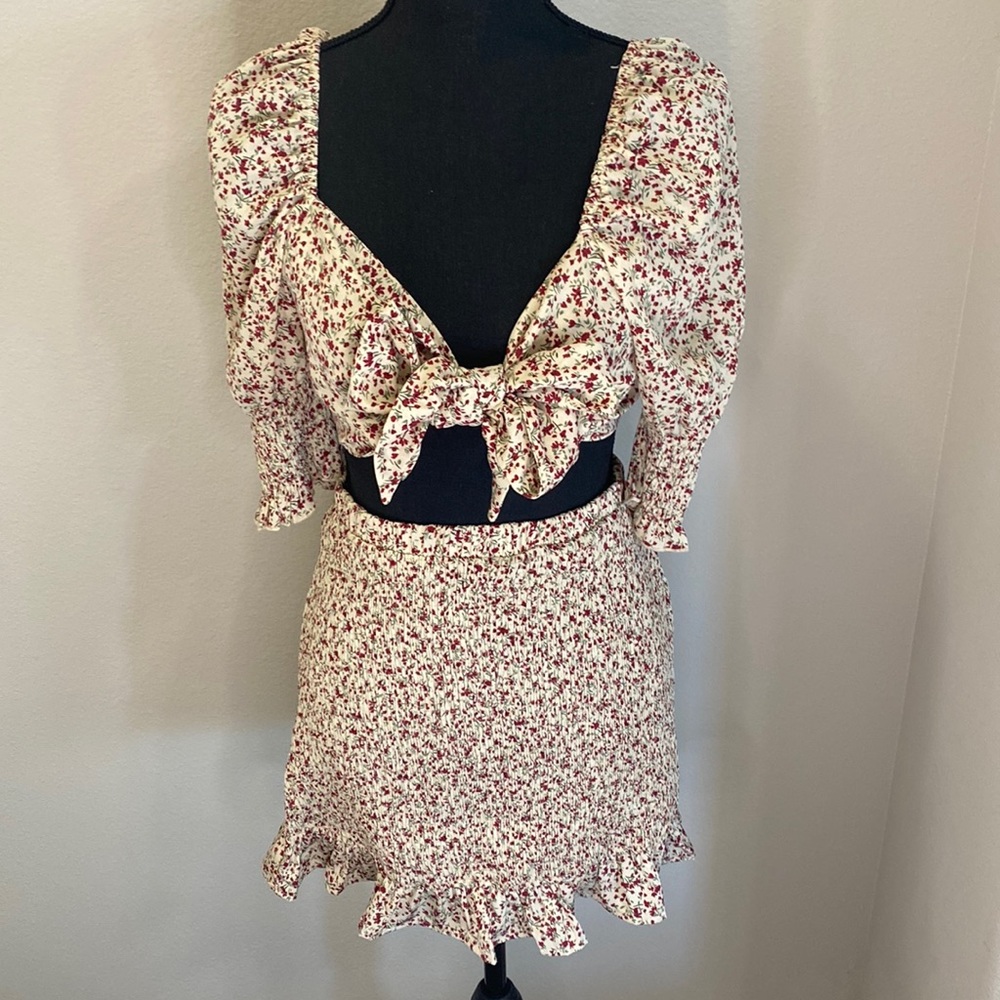 Two piece floral wrap top and ruched skirt